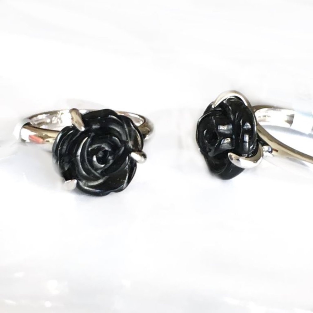 Black Obsidian Carved Flower Ring .925 Sterlng Silver Size 5 or 7 Natural Gem - Picture 7 of 9
